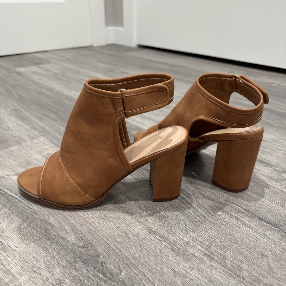 Aldo Cognac Block Open toe Bootie Heels size 8.5
